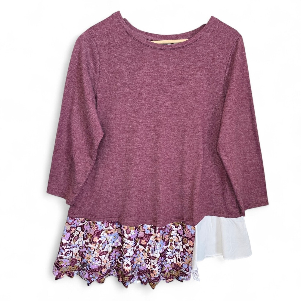 LOGO Lori Goldstein Top Womens Medium Purple Long Sleeve Tunic Floral Hem Lounge